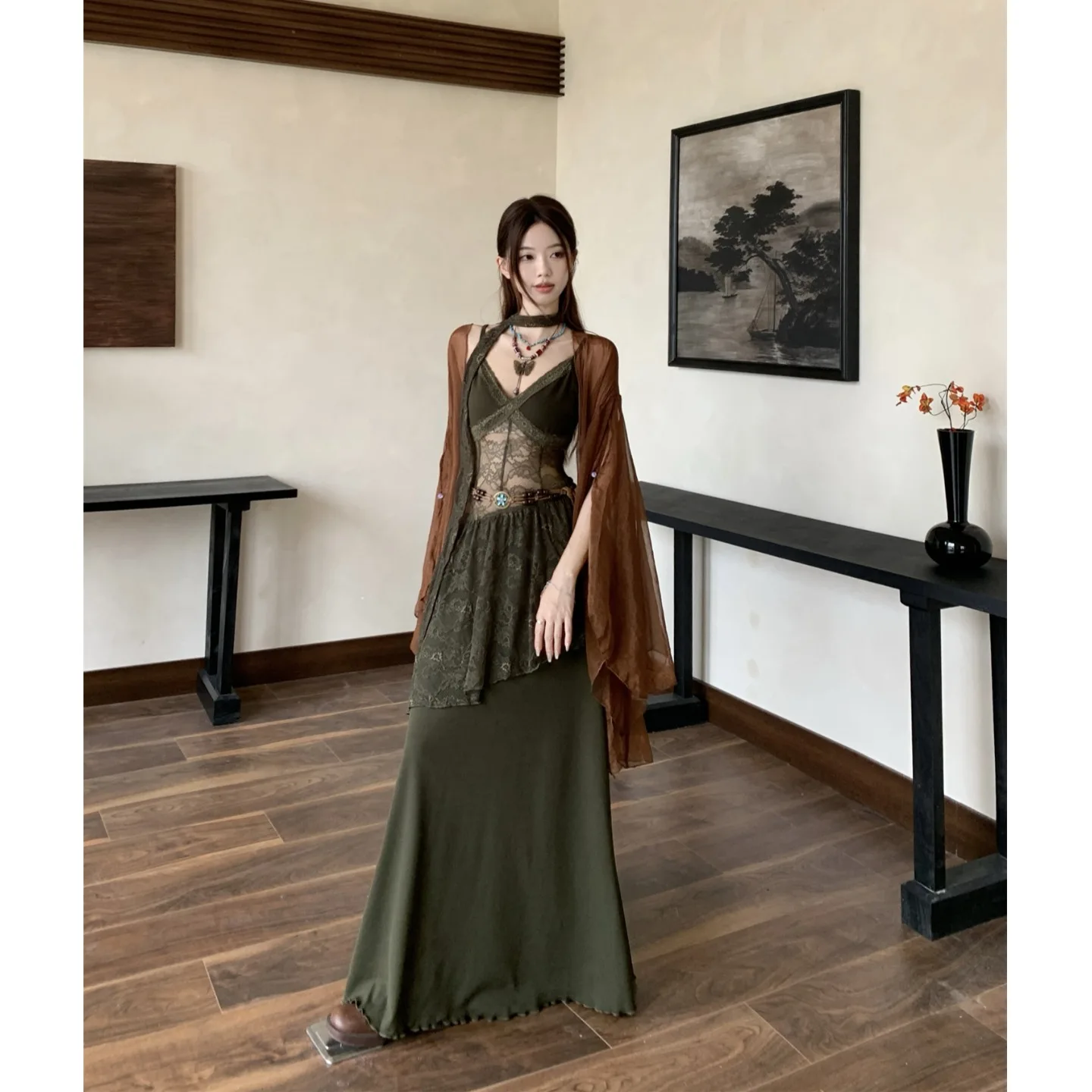 ชุดเดรสสีเขียวผ้าทูลล์ลูกไม้ซีทรูแบบเรโทร สายเดี่ยว ดีไซน์เปิดไหล่ แต่งริบบิ้น สไตล์นิช ฮาราจูกุ โมริเกิร์ล ชุดราตรี