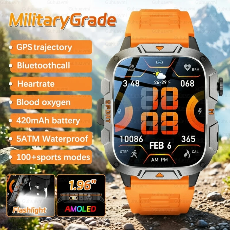 

Новые прочные смарт-часы 2026 года для мужчин, 1.96" AMOLED, с Bluetooth-вызовами, водонепроницаемость 5ATM, GPS, пульсометр, LED-фонарик, военные спортивные часы