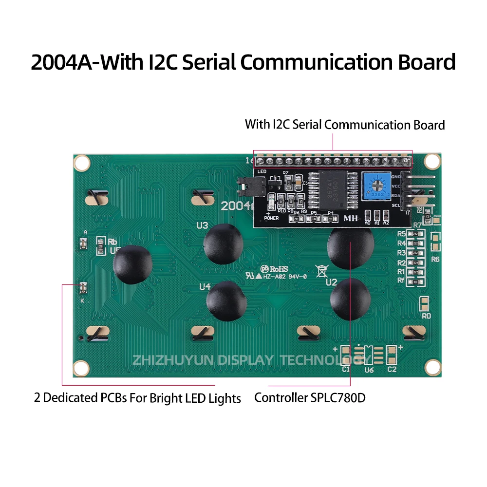 2004A IIC Adapter Board Monochrome Emerald Green Light Black Characters Display PCF8574T I1C12C Interface 5V