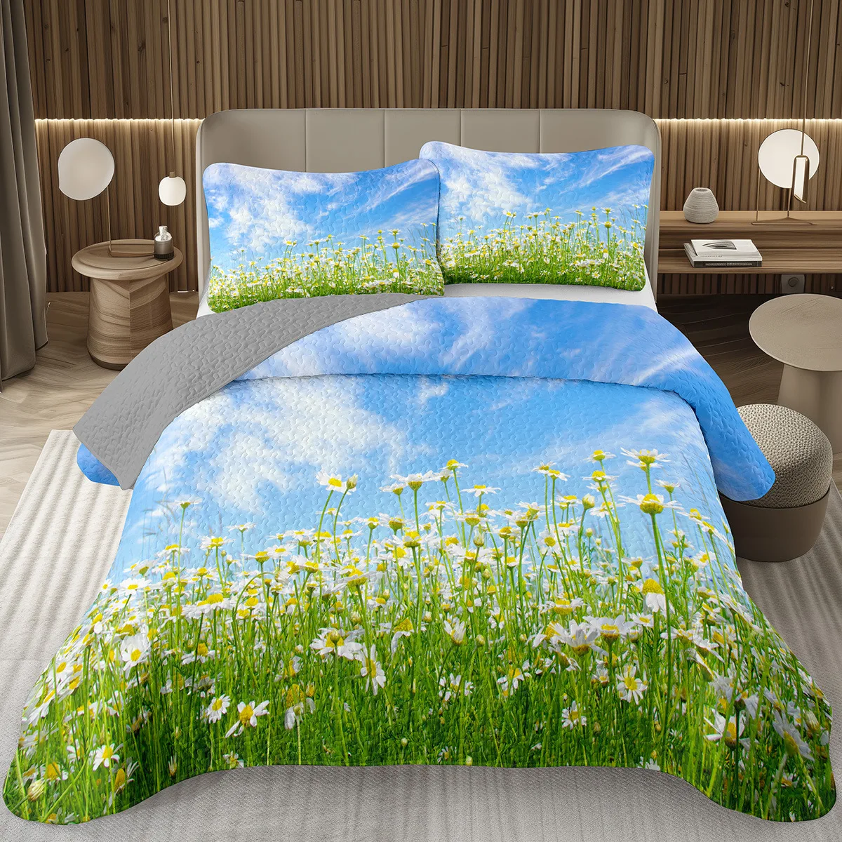 Sky Bedspread Queen/Full,Natural Scenery Quilted Coverlet,Botanical Floral Bedding Set For Girls Teen Reversible Grey Bedspreads