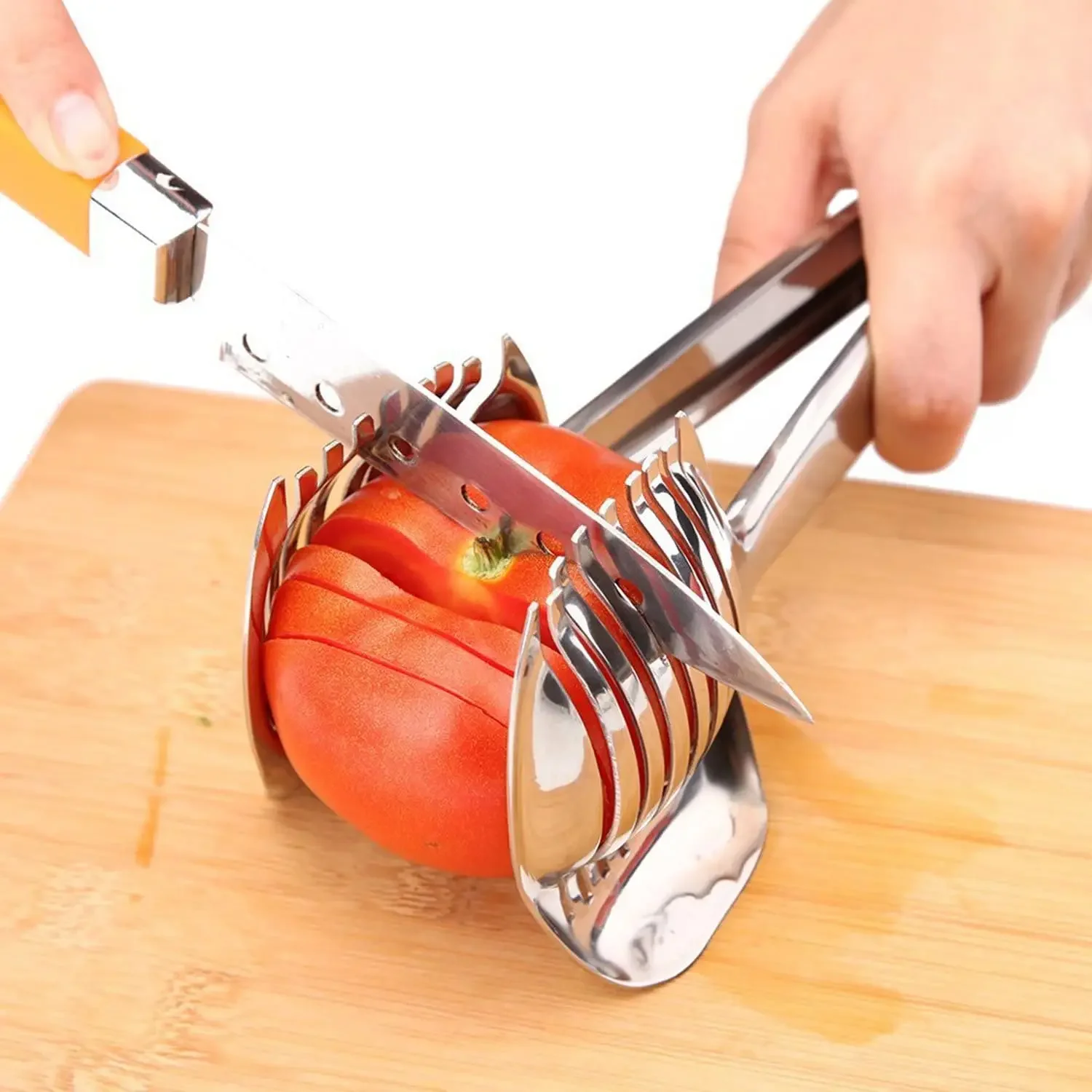 Tomato Slicer Lemon Cutter Multipurpose Handheld Round Fruit Tongs Stainless Steel Onion Holder Kitchen Cutting Aid Gadgets Tool