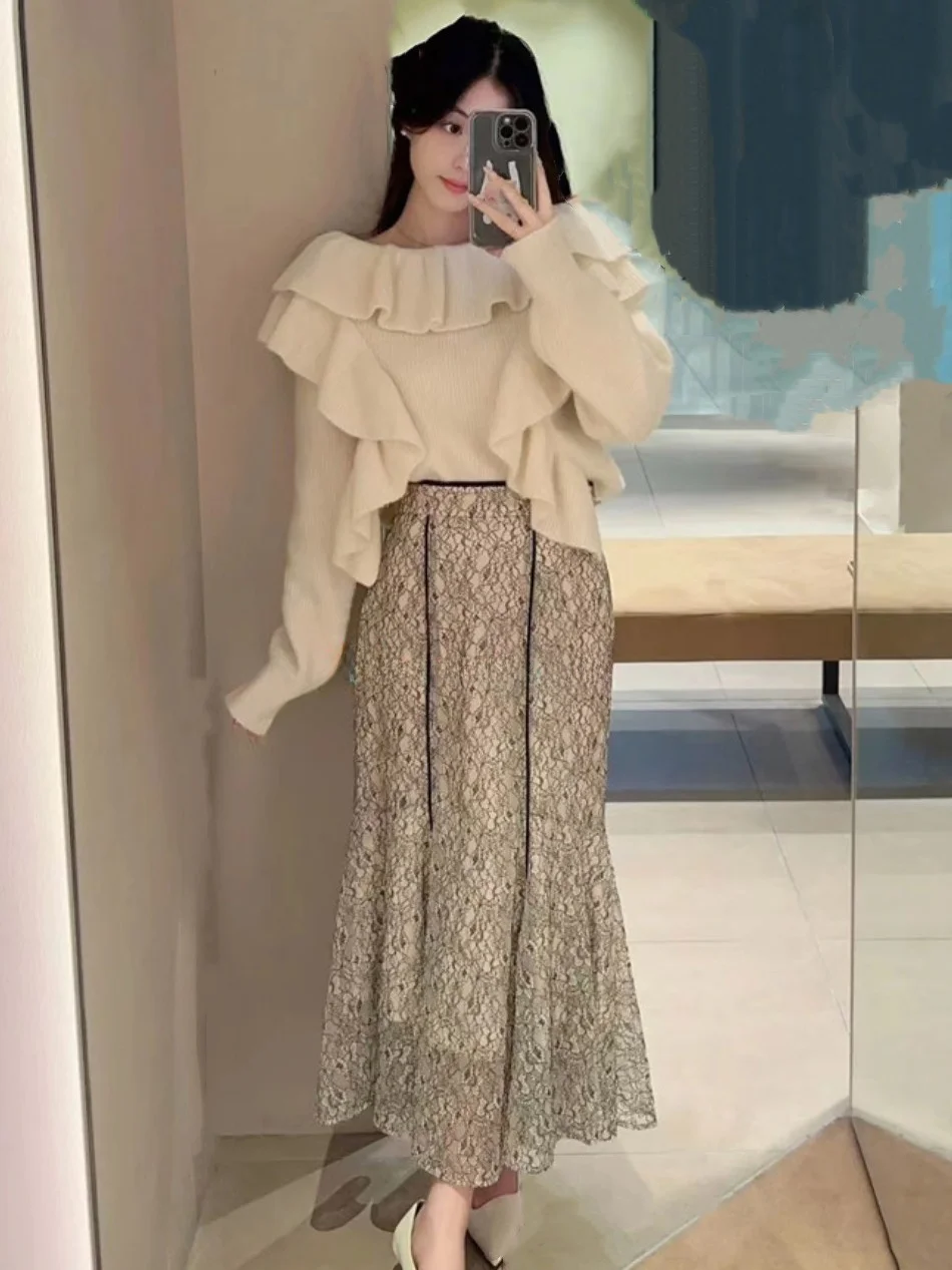 

Элегантная ретро-юбка с кружевом, завышенной талией, фасоном «рыбий хвост», средней длины, из высококачественного полиэстера, А-силуэт, для дома и отдыха.