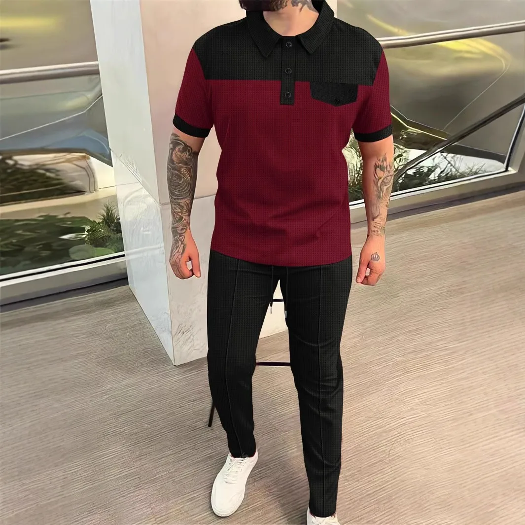 Men's Waffle Knit Color Block Splicing Lapel Chest Pocket Button Short Sleeve And Pants Set Comfortable Breathable Casual Suit