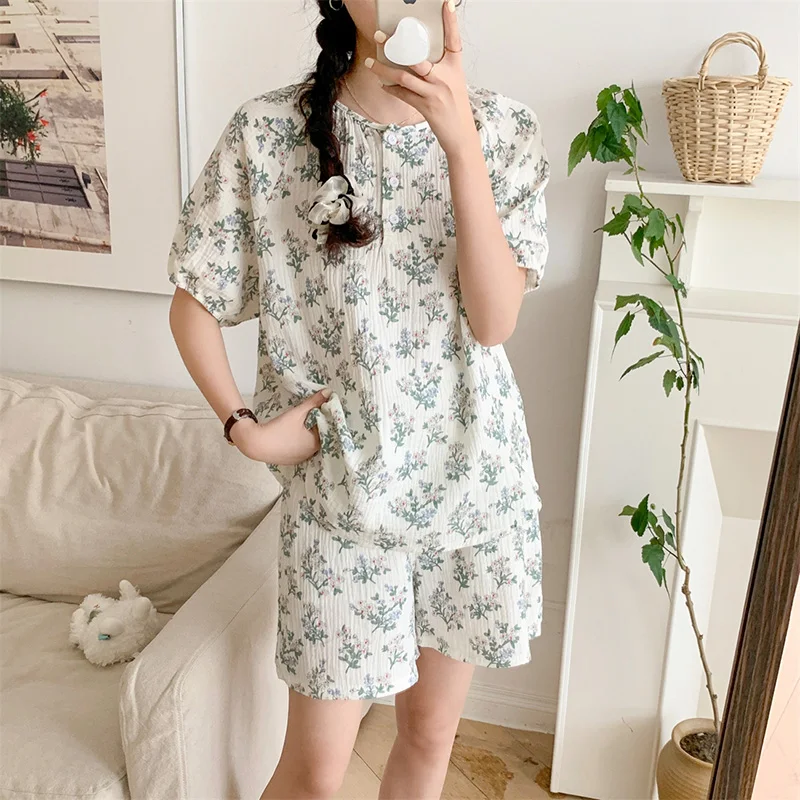 

Soft Floral Print Flowers Princess Short Sleeve Shorts Pajamas Set Women Korean Sweet Home Vacation Comfortable Two Piece Set