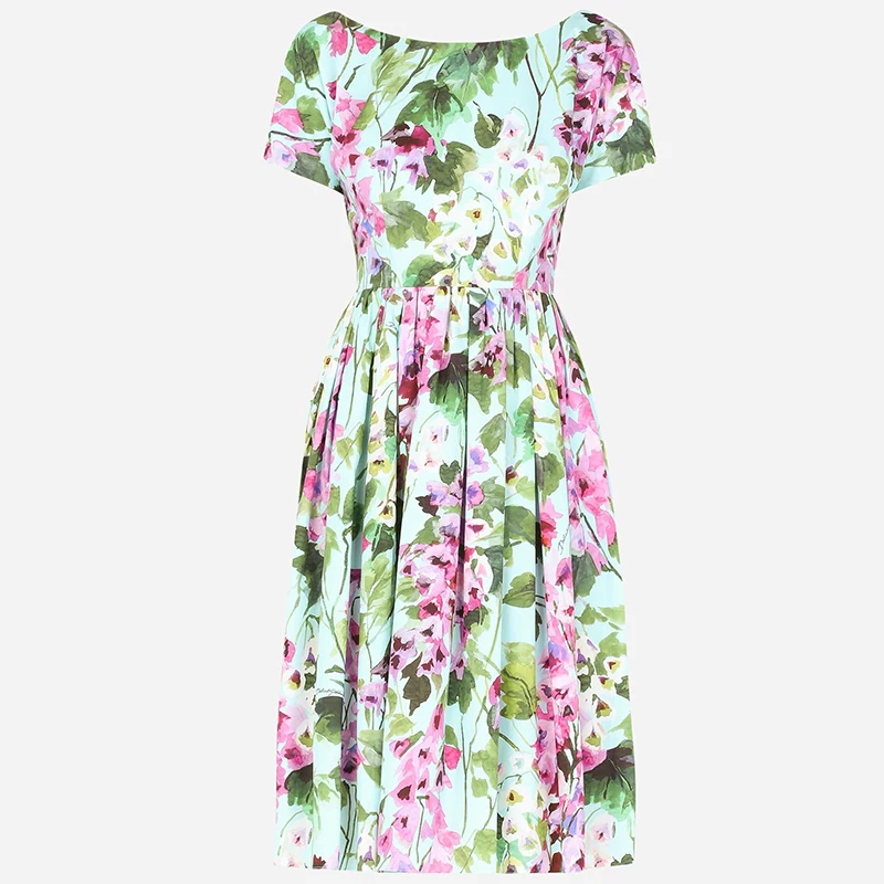 New Summer Holiday O-Neck Flare Sleeves Flower Dress Women V Back Floral Print Green A Line Beach Boho Casual Midi Vestidos