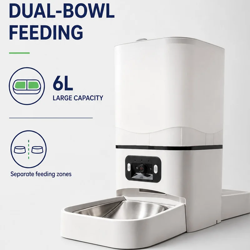 6L Dual-Bowl Pet Feeder with Balanced Dispensing, Dual Cameras and APP Remote Control for Video Version