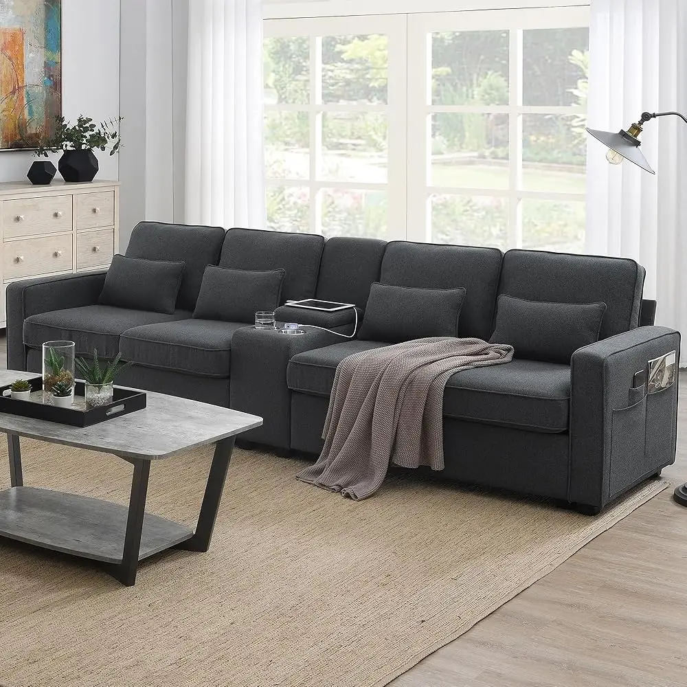 

114.2"" Modern Sectional Sofa Couch,Upholstered Sofa With Console,2 Cupholders,2 Usb Ports Wired Or Wirelessly Charged,Linen
