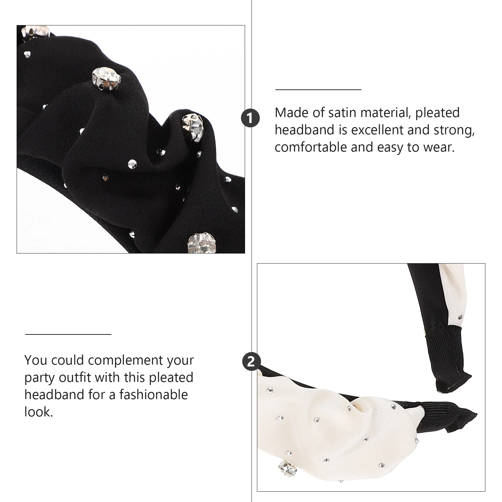 

3 pcs Satin Pleated Headband Wide Rhinestone Hairband Women Girl Facial Washing Accessories Decorative Wide Pleated Headbands