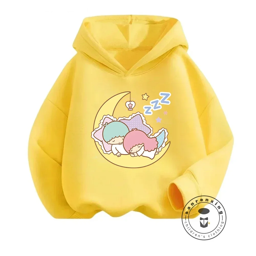 Cute Sanrio Little Twin Stars Kids Hooded Pullover Stylish Cartoon Emblazoned Garment for Autumn Winter Casual Outdoor Wear