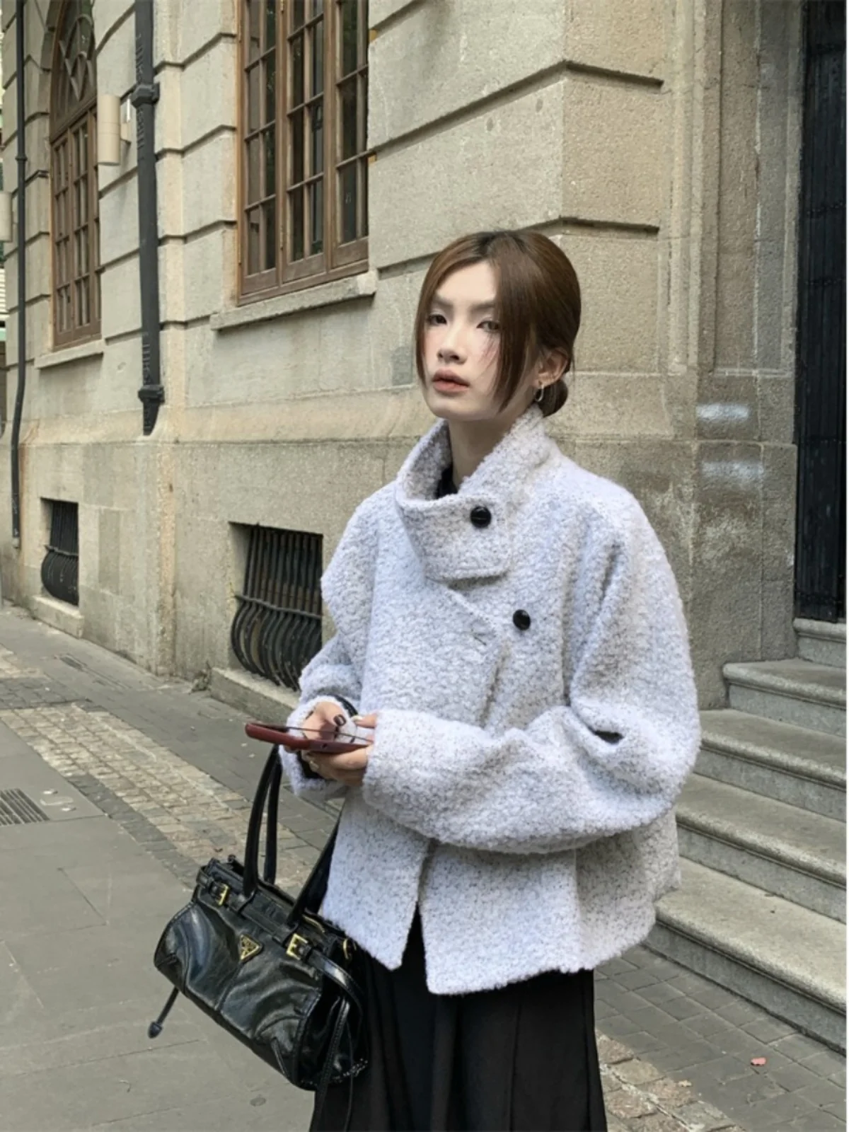 

Slimming Cotton Woolen Coat Simple And Ele Korean Sle Long Sve Stand Collar Loose Fit Summer New Arrival Women's Fas...
