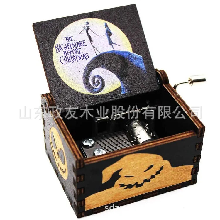 Disney The Nightmare Before Christmas Wooden Music Box Retro Engraved Horror Nights Hand-cranked Music Box Gifts for Friends