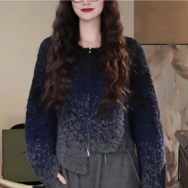 فتاة سترة مشغولة من الصوف امرأة الموضة التدرج طويلة الأكمام سترة ربيع الخريف الملابس الدوبامين معطف غير رسمي الفتاة هدية جديد #4