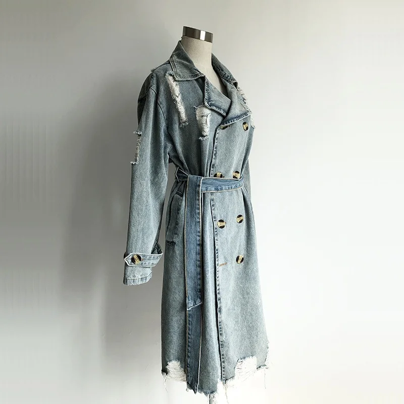 Vintage Hellblau Ausgefranste Loch Denim Trenchcoat Mit Gürtel Frühjahr Neue Lose Beiläufige Revers Mid-länge Frauen Windjacke mantel