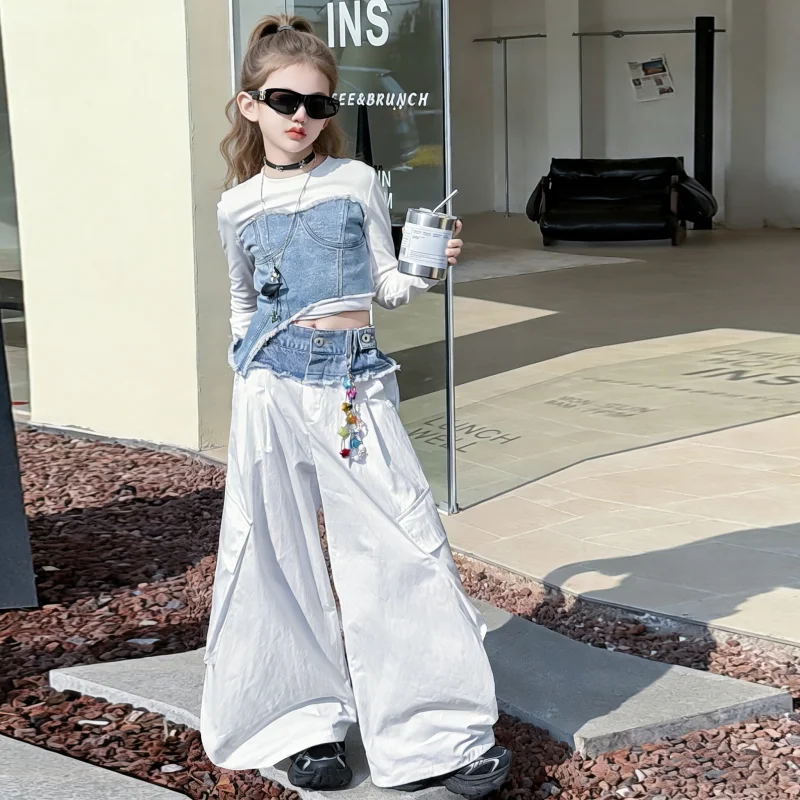 Hip Hop Girls Clothing Spring Set White Denim patchwork Crop Top+ Wide leg Baggy Trousers Joggers Cargo pants Sweatpants Outfits