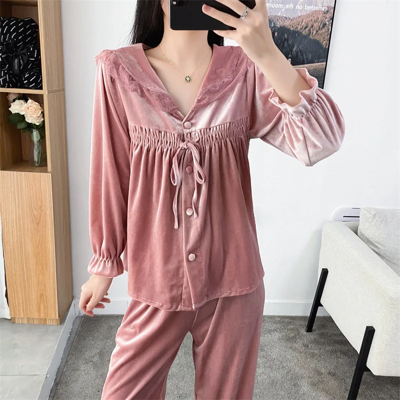 Velvet Lapel Long Sleeved Cardigan Pants Pajama Set Loose Fitting Casual Home Wear Women's Sexy Lace Edge Sleepwear Loungewear