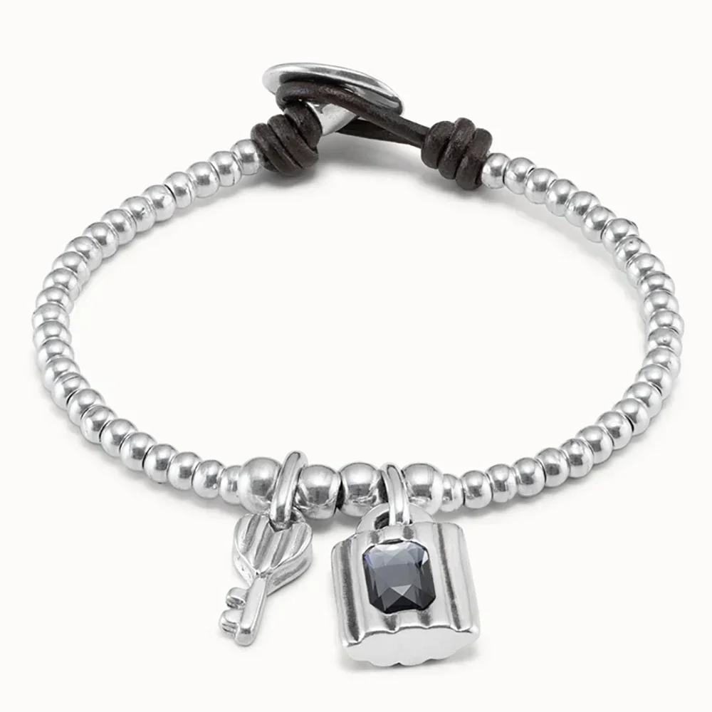 Summer Vacation Beautiful Wind Grey Crystal Padlock Key Round Bead Bracelet Women's Accessories Girl Birthday Gift
