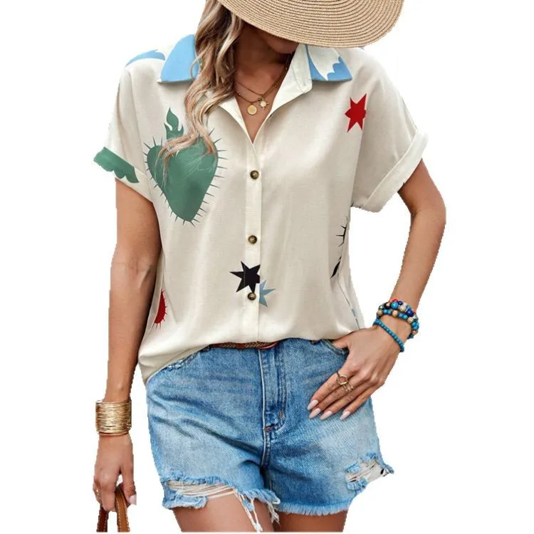 Moda impressa bolinhas camisa de manga curta feminina no verão casual solto botão topo para mulher 2025