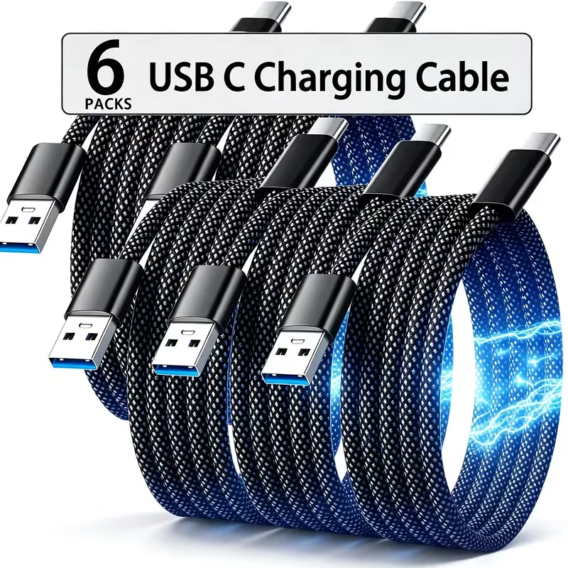 6-Pack Braided USB-C Cable Fast Charging 3.3FT/1m Durable USB a to Type C Data Cable for iPhone 18/15/16/17 Samsung Galaxy Series Tablets Black