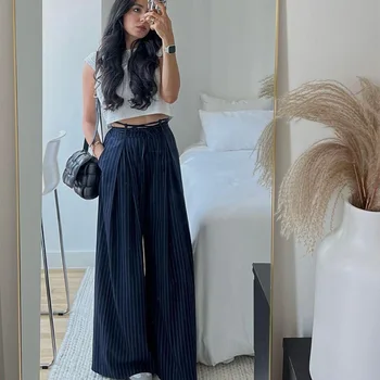 Green Pleated Wide-Leg Pants 3 HXAO Women's Pants Baggy Wide Pants For Woman Minimalist Pleated Stripe Casual Pants Women Office Green Oversize Suit Trousers 3