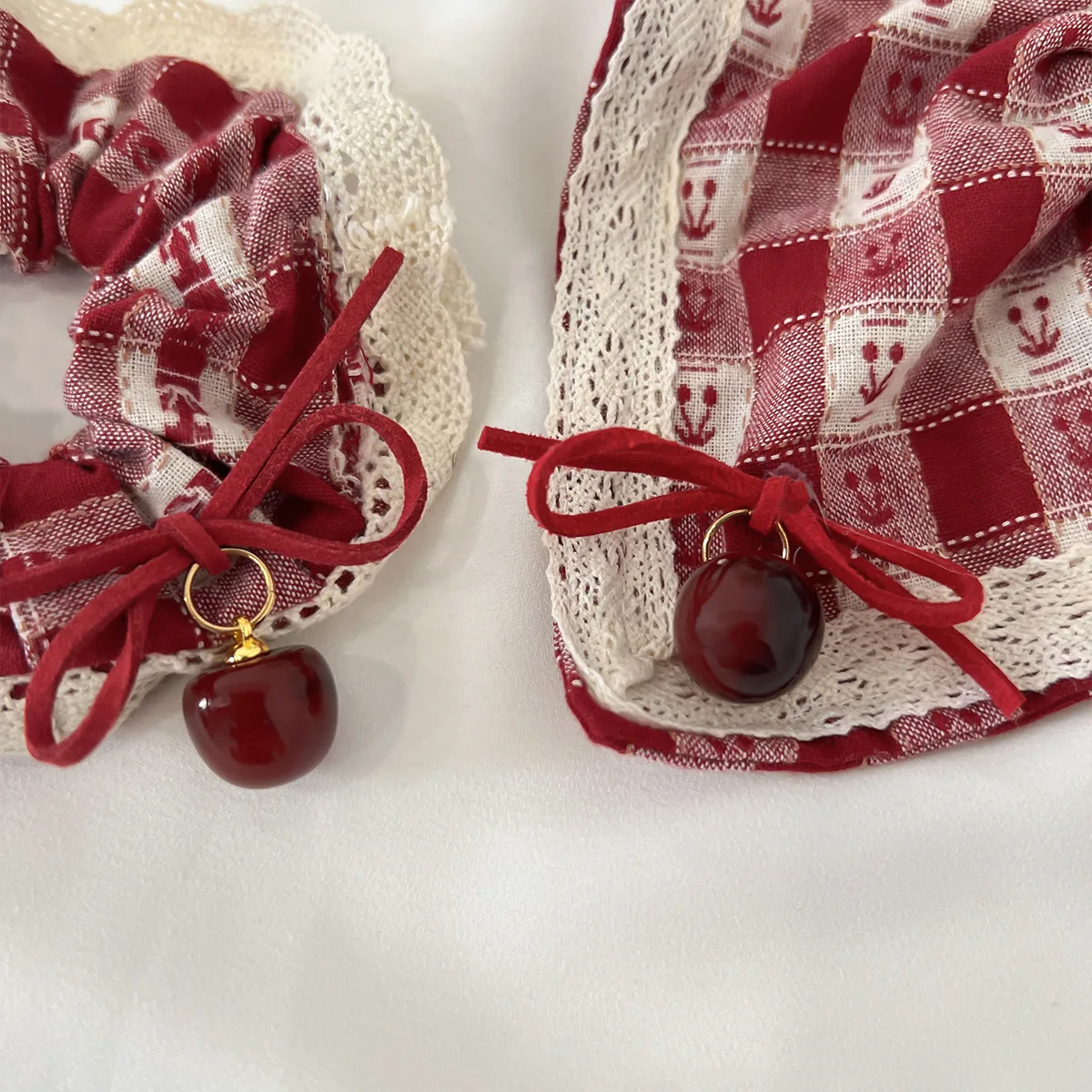 Women\'s Scrunchies Sweet Style Red Check Cherry Scrunchie Lace Lace Cherry Square Scarf Hair Rope Hair Accessories Girls Gift