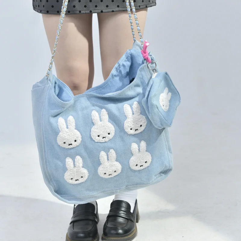 Bolso de cadena Miffy de dibujos animados, bolso de hombro tipo bandolera a la moda, cadena para compras y desplazamientos, nuevo bolso de lona vaquera versátil