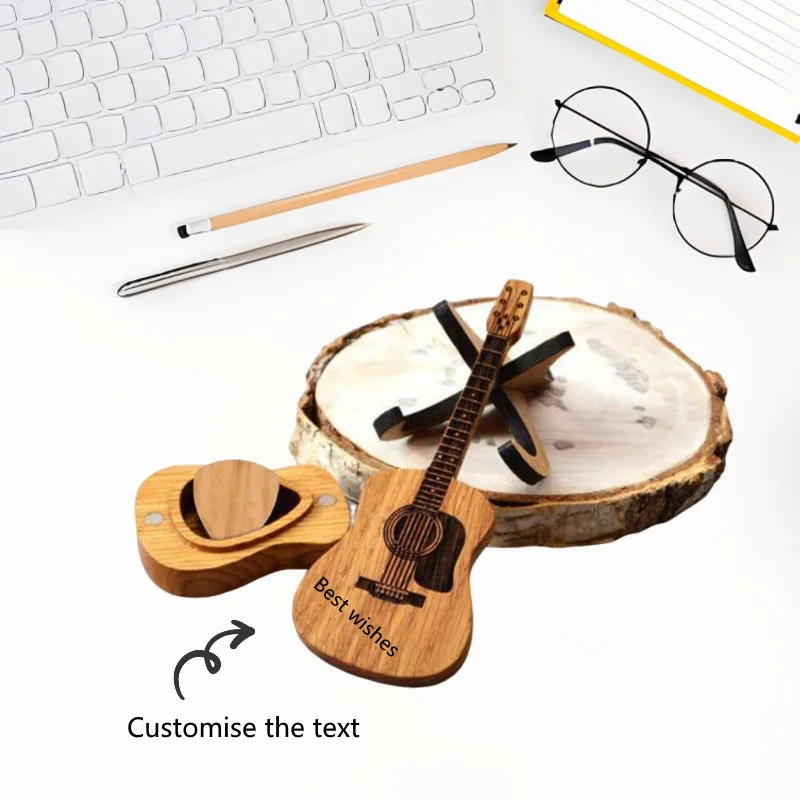 Personalised wooden guitar ornament, laser-engraved text retro guitar pick holder, vintage guitar pick box mini guitar ornament
