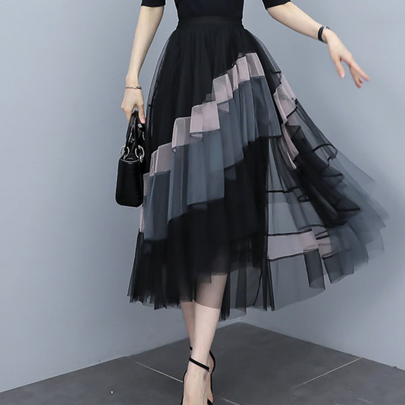 Women Elegant Color Block Patchwork Tulle Midi Skirt High Waist Irregular Layered Mesh A-line Skirt Casual Party Dating SK8136