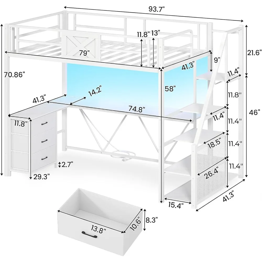 Twin Size Metal Loft Bed with Staircase, L-Shaped Desk, Wardrobe, 3 Fabric Drawers, LED Lighting - Space-Saving Bedroom Furnitur