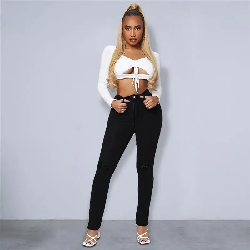 Traceable Women's Denim Jeans Wish Cross-Border Torn Slit New Style Long Black Jeans from Other Brand Winter Collection