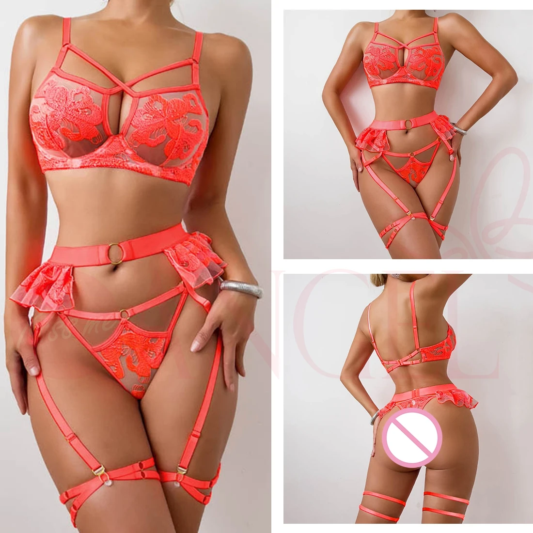 

KISS ME ANGEL Underwear Women Erotic Flower Embroidery Hollow Out See Through Lingerie Sexy Woman Push Up Bra Sets