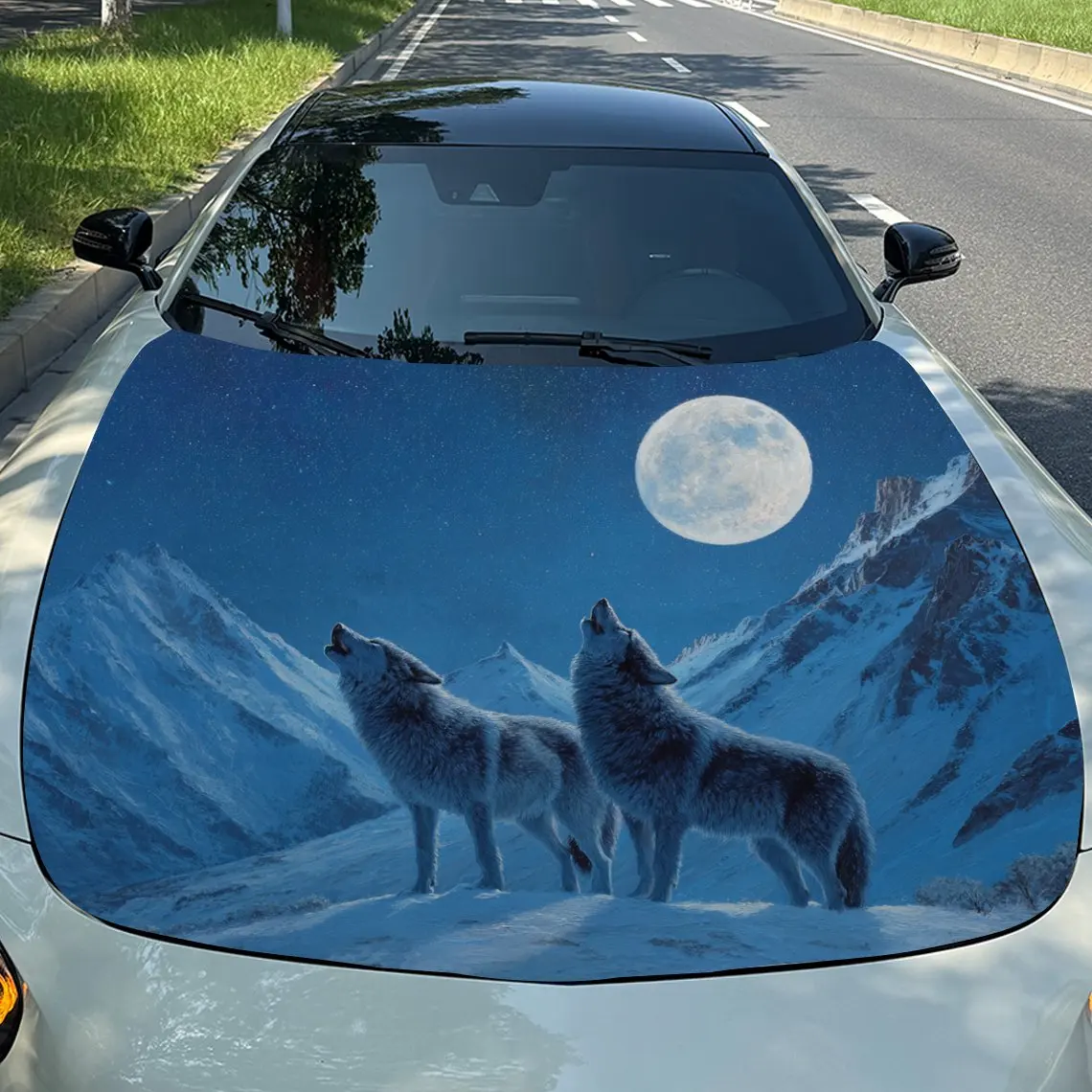 

Double Wolf Roaring Moon Vinyl Stickers Car Engine Cover Wrap Colorful Vinyl Stickers Truck Pattern Engine Cover Car Accessories