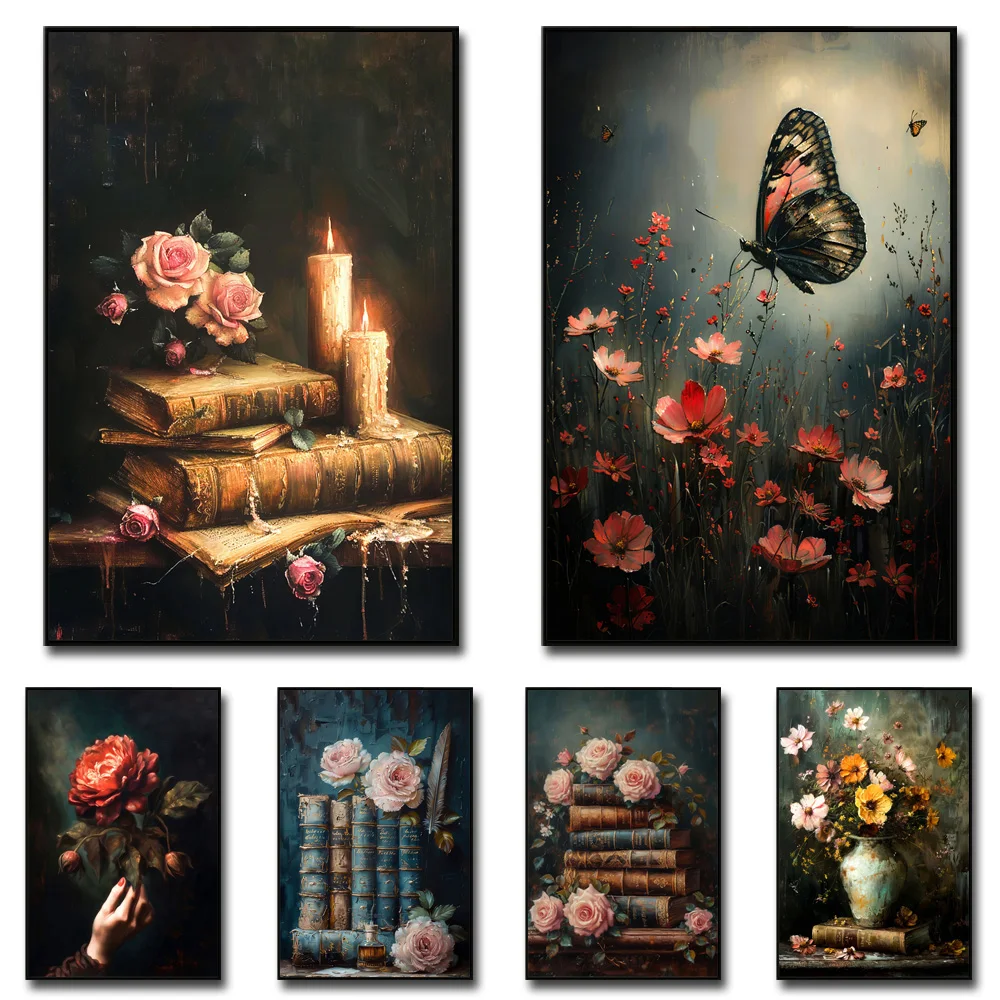 

Retro Dark Academia Art Posters And Prints Butterfly Rose Wall Decor Vintage Book Candle Vase Canvas Painting For Living Room