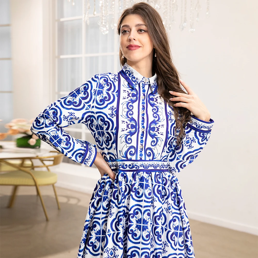 Fridayin-elegante camisa de alças estampada em porcelana azul e branca, elegante vestido longo árabe, ramadã muçulmano, azul e branco