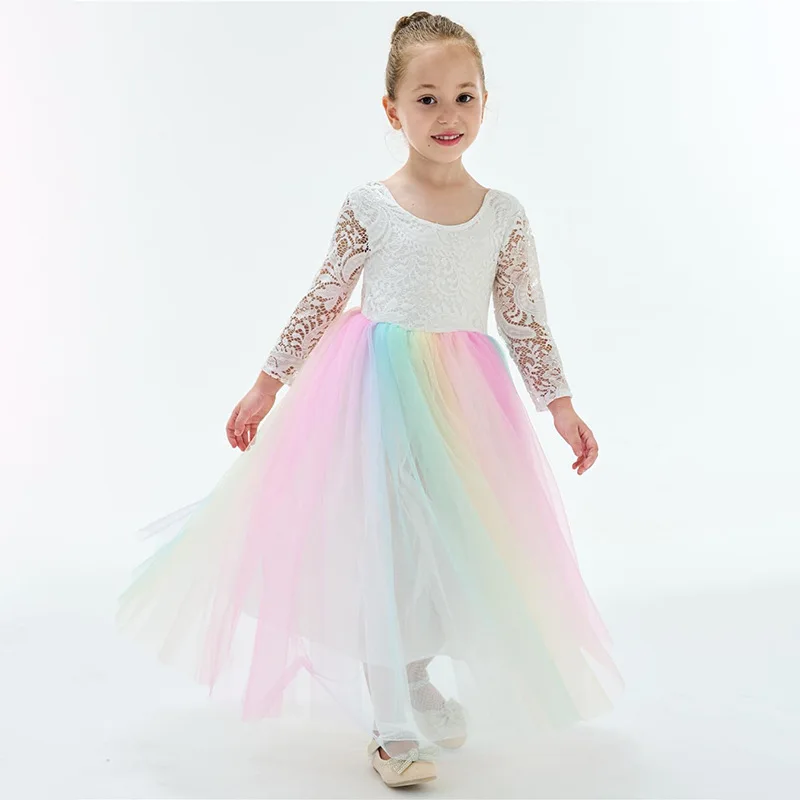 Long Baby Kids Princess Tulle Lace Flower Girl Dress Children First Communion Dress Ball Gown Wedding Party Dress Birthday