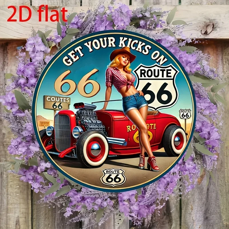Vintage Route 66 Aluminum Wall Sign 8x8 Inch - Retro Metal Decor with Classic Car & Red Roses, Home Decor Essential