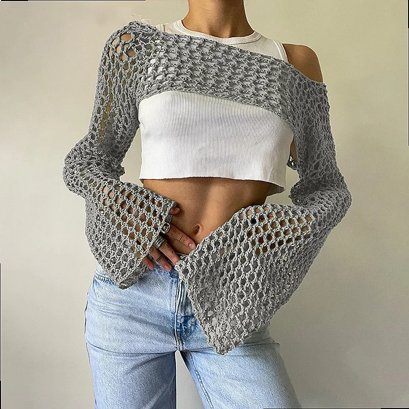 Women Hand Crochet Sweater Spring Summer Short Flare Sleeve Mesh Cover Up Chic Knit Tops Blouse