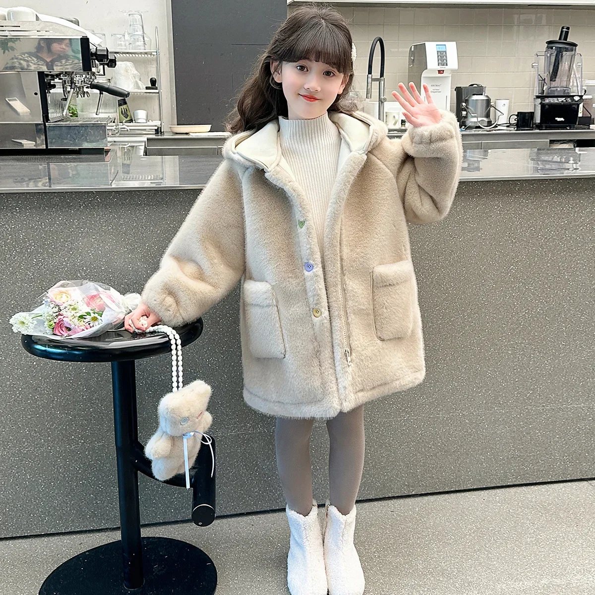 2025 Winter Girls Casual Faux Fur Thick Warm Soft Coat Kids Children Jacket Outerwear Including The Doll Bear