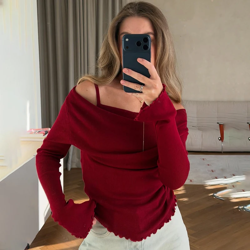 

Tornova Fungus Long Sleeve Knitted Top For Women Off Shoulder Spring Fashion Innerwear Sweater Slim Casual Female Knit Pullovers