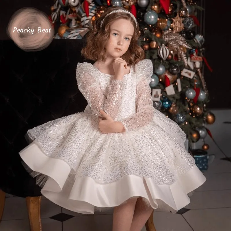 Fashion Baby Girl Princess Sequins Dress Long Sleeve Infant Toddler Child Vestido Wedding Party Birthday Baby Clothes 12M-12Y