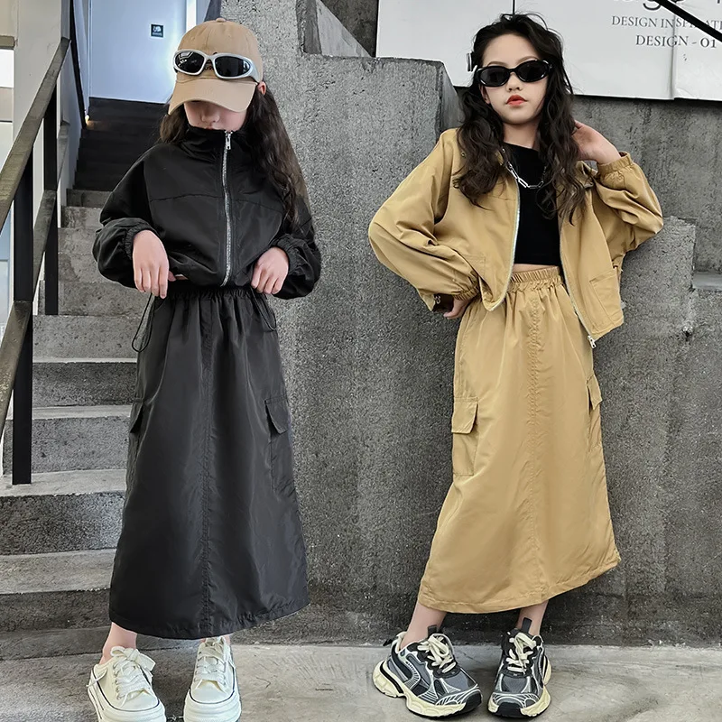 

Комплект детской одежды, весенне-осенняя одежда для девочек, детская куртка + юбка-карго, костюмы из 2 предметов для девочек-подростков, повседневная одежда для детей 5 8 9 12 лет