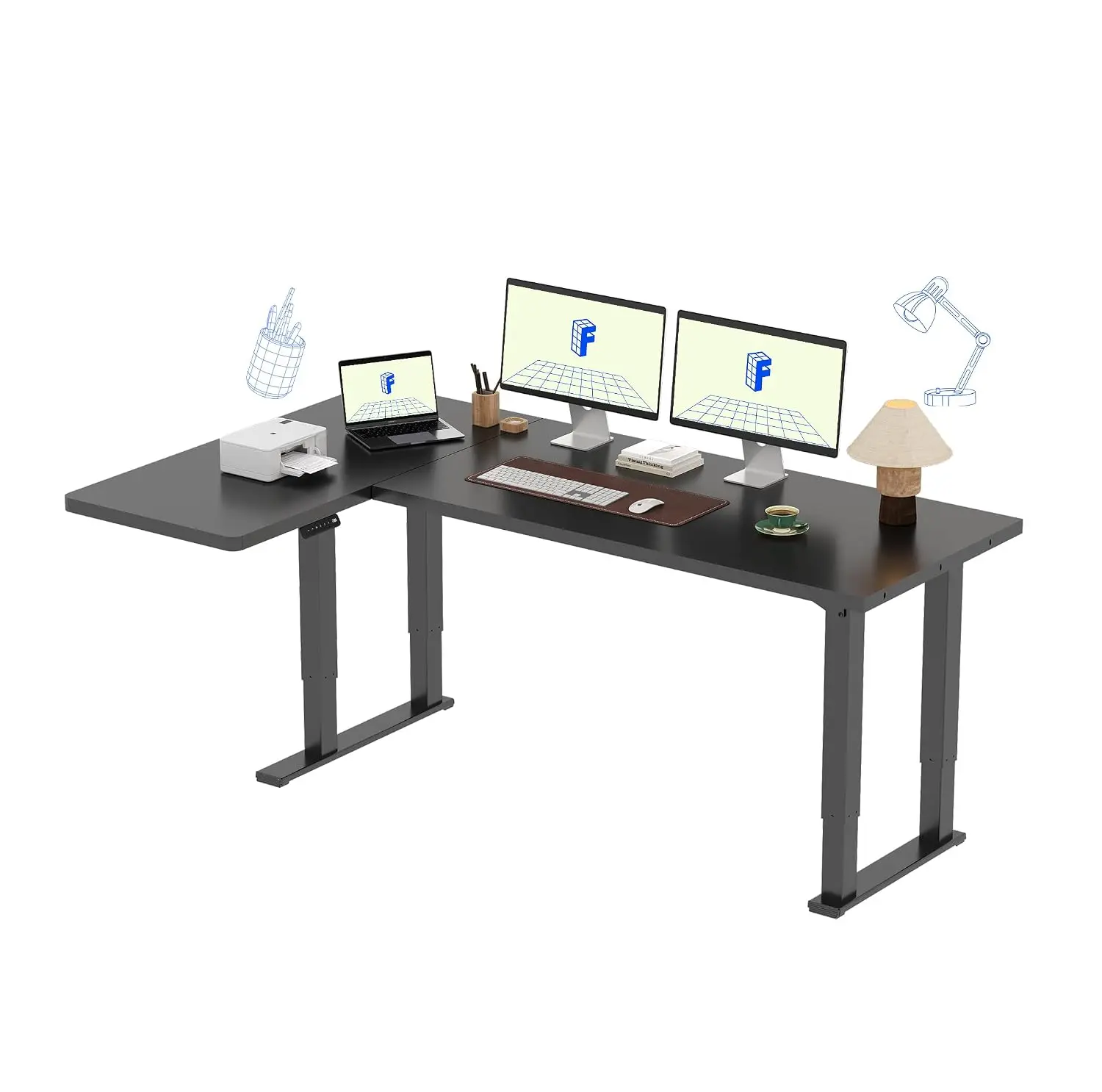 4-Leg L-Shaped Standing Desk 71x43 Inch Black, Customized