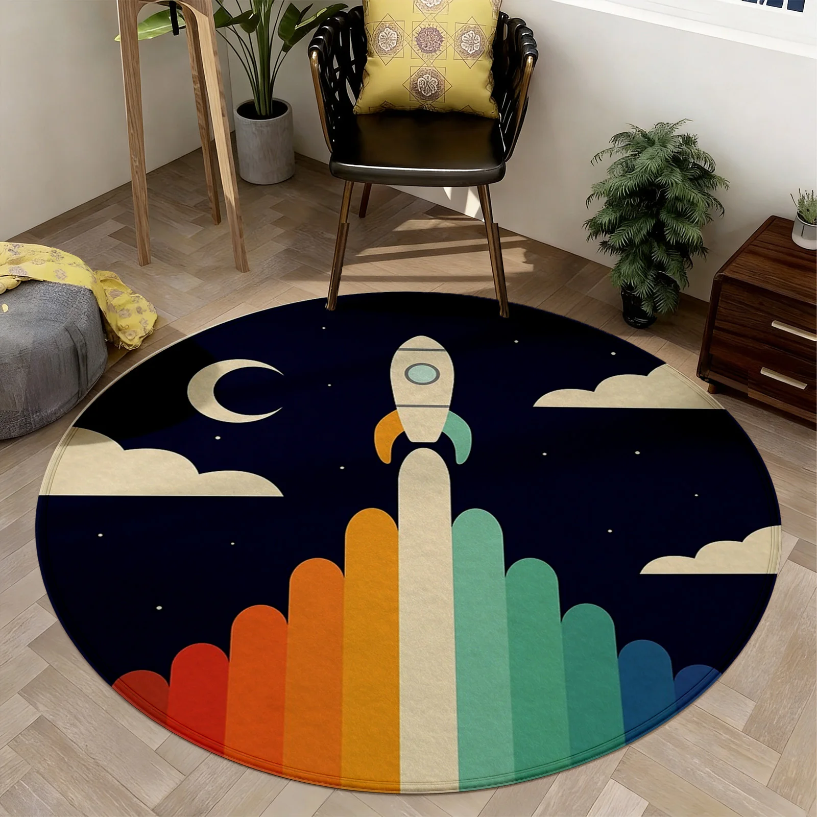 Abstract Round Area Rug for Living Room Modern Home Decor Geometric Ocean Wave Night Sky Pattern Area Carpet Mat for Apartment D
