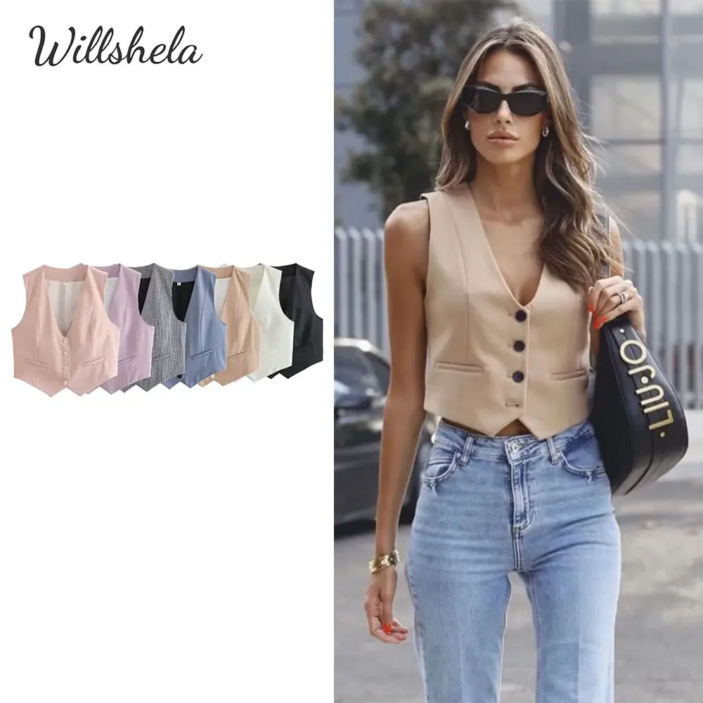 Willshel Women Fashion V-Neck Tops Vest Sleeveless Female Chic Office Lady Casual Basic Business Outfits Waistcoat