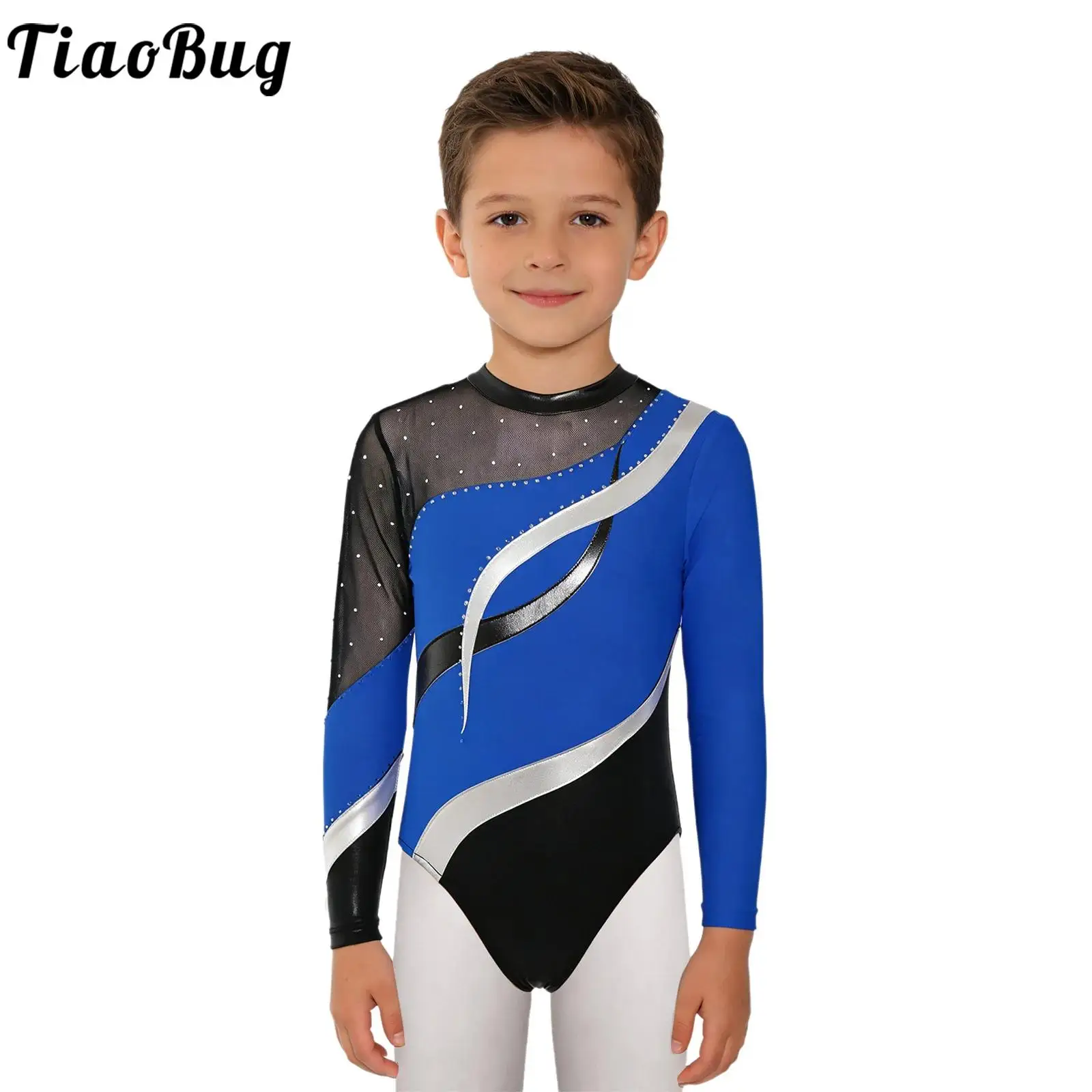 Kids Boys Artistic Gymnastics Leotards Tight Dance Ballet Sheer Mesh Bodysuit Metallic Contrast Skating Jersey Jumpsuit Shirts