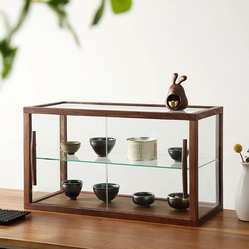 

Black walnut solid wood small household glass display cabinet desktop figure water cup tea set storage cabinet transparent