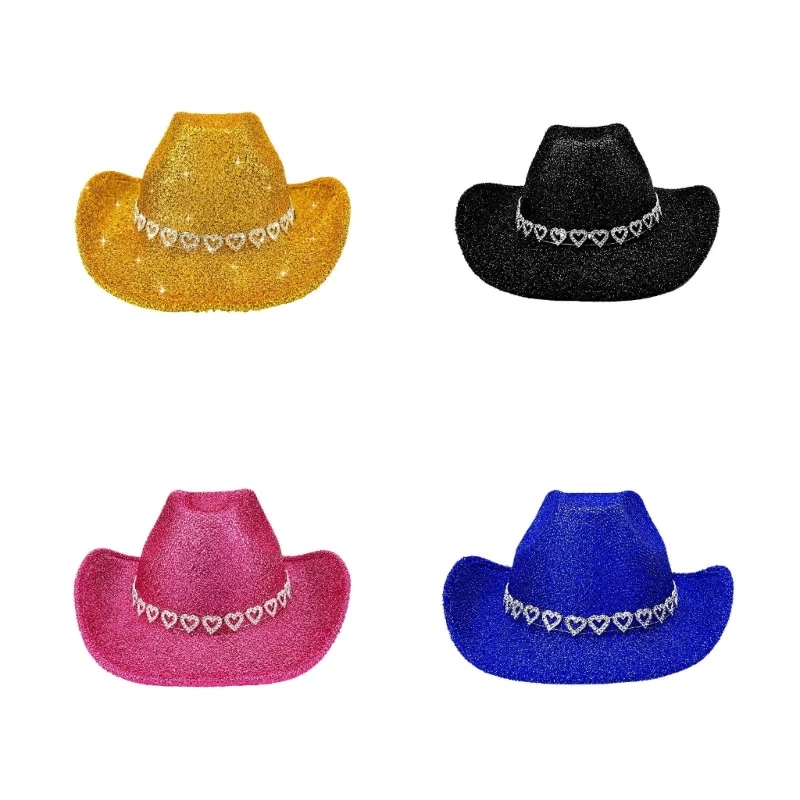 Q5WE Acrylic Fiber Western Hat with Glittering Powder, Round and Hollowout Heart Trim for Parties and Stage Costume Styling