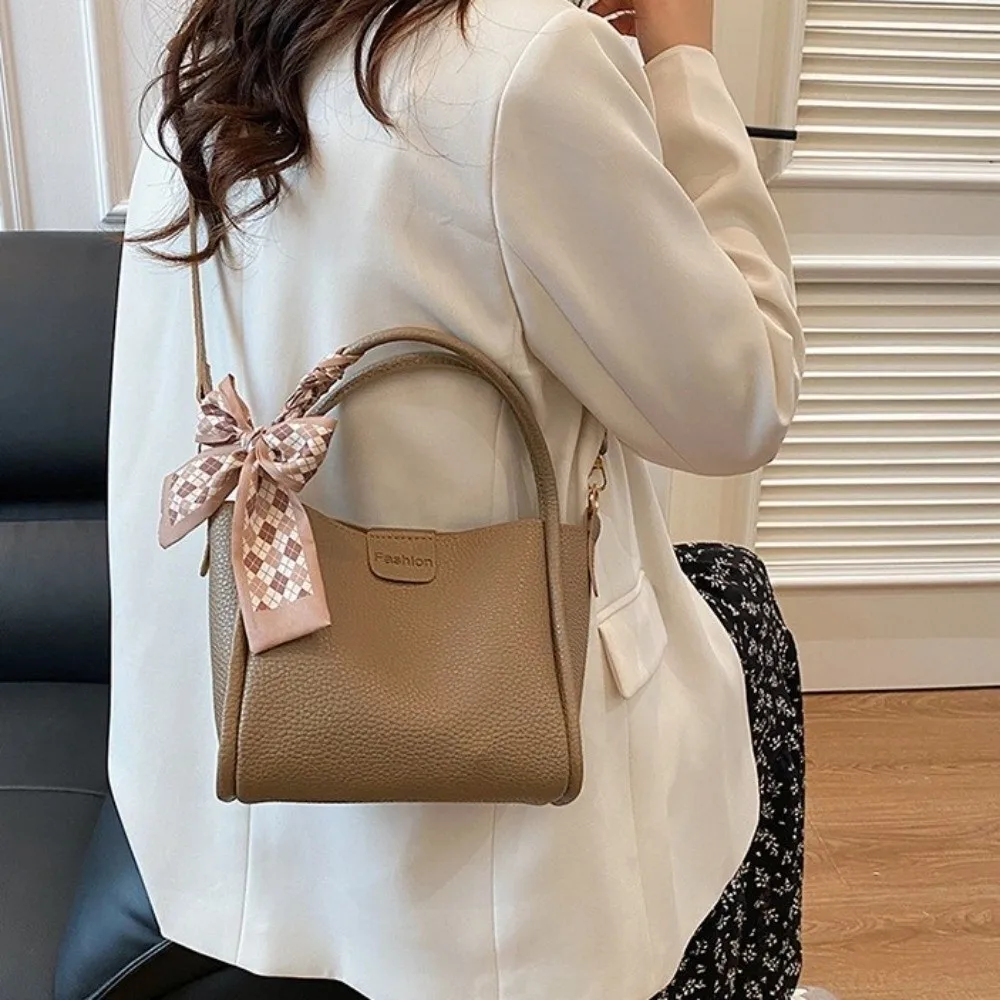 

Fashion Minimalist Pu Leather Bucket Bag Solid Color Versatile Crossbody Bag Korean Style with Ribbon Women 's Handbag Girls