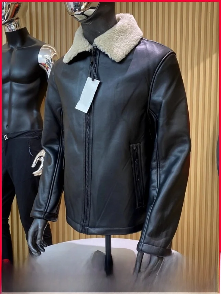 

Thiened Leather Jaet Men's Winter Warm Fce Lined PU Coat Youth Casual Sle Stand Fit Long Sve Zipper Closure