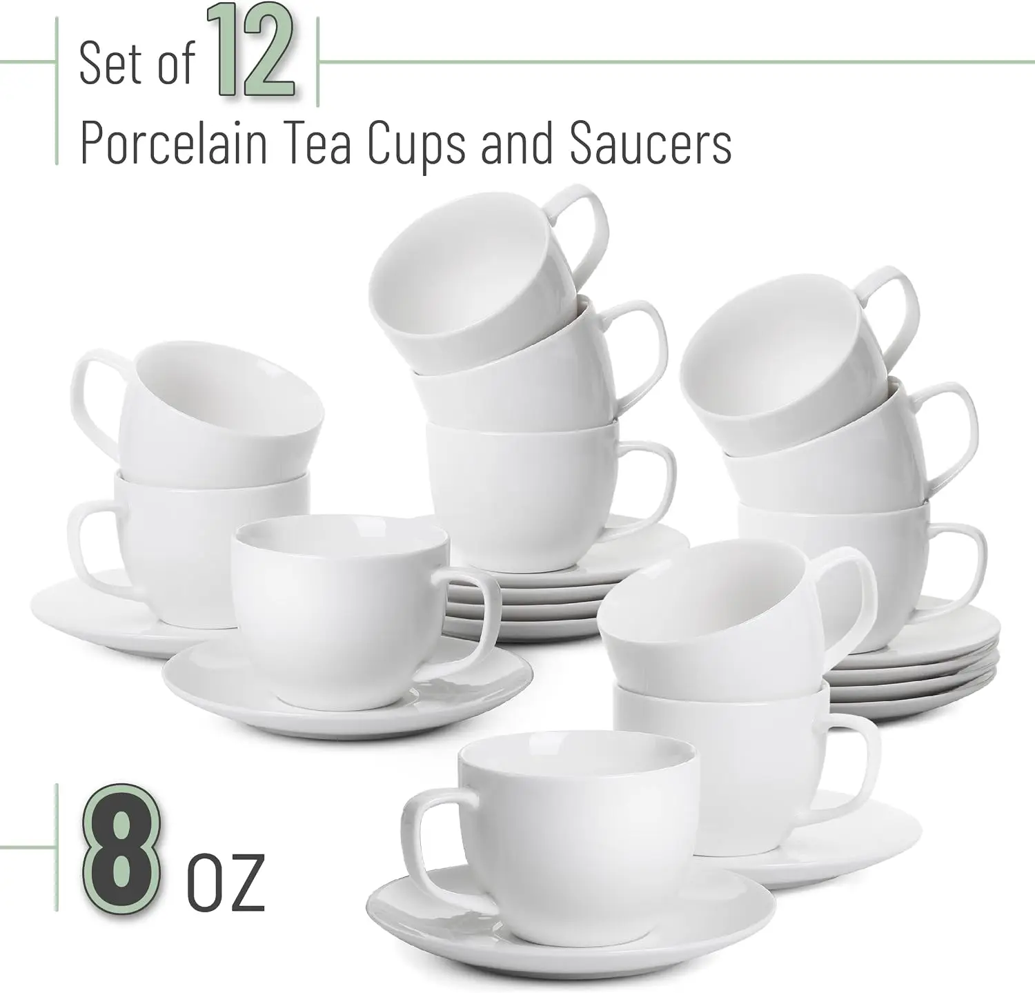 Cappuccino Cups with Saucers, 8 oz, 12-Piece Set in White, Christmas Themed