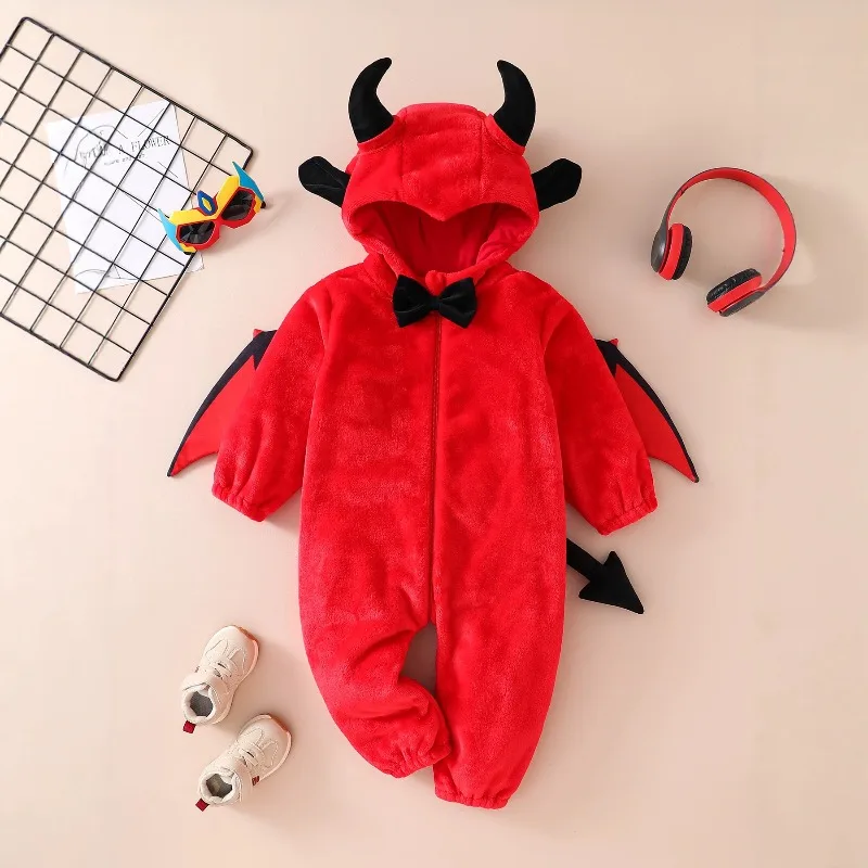 Cute Newborn Infant Baby Boys Girls Devil Bodysuits Hooded Plush Fleece Red Jumpsuit  Wings Bow Tie Tails Zipper Costume 0 24M